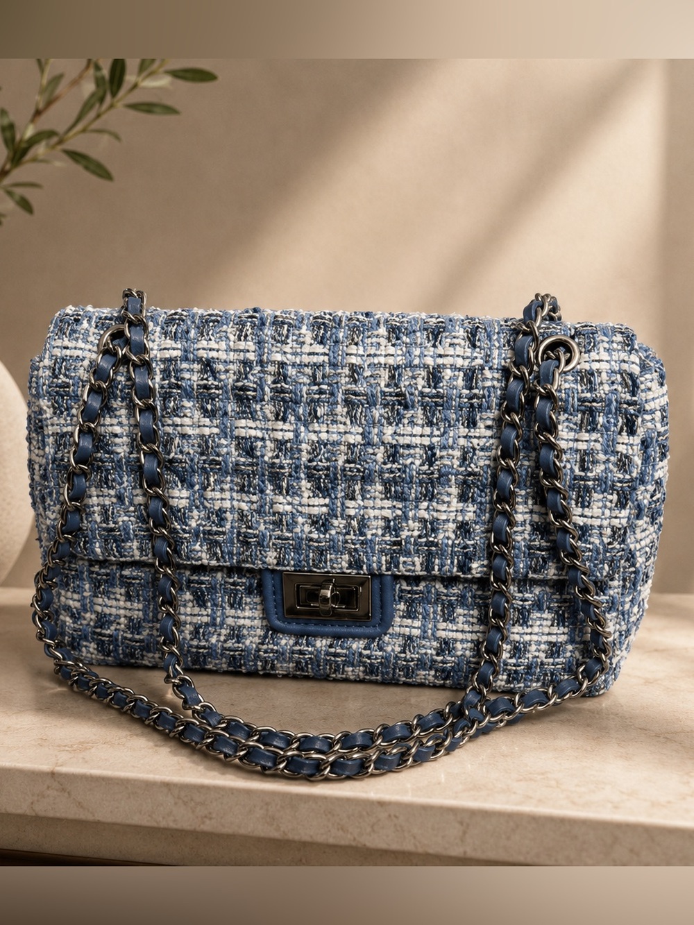 Karl Lagerfeld Blue and White Tweed Shoulder Bag